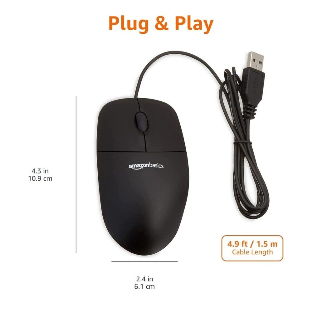 Amazon Basics 3-Button Wired USB Computer Mouse, Black - Picture 5 of 8